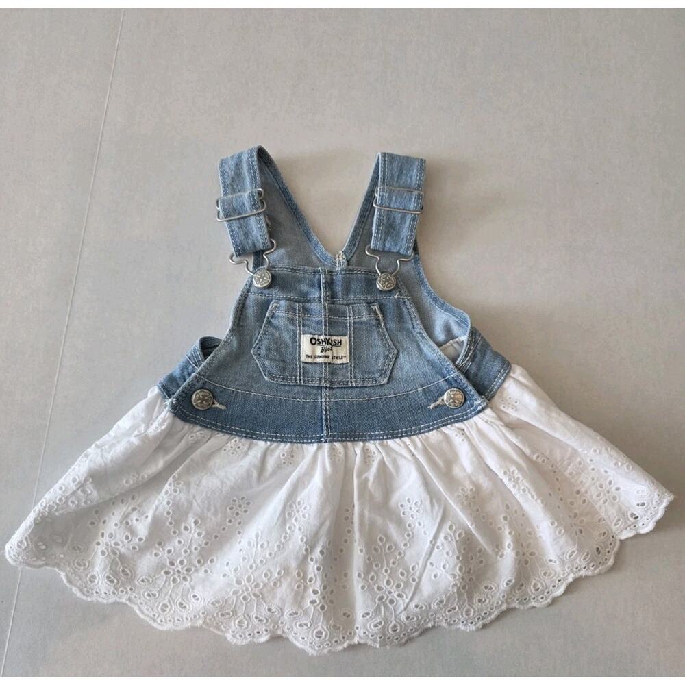 Oshkosh B'Gosh Baby Denim Jumper Dress White Eyelet Skirt Vestbak 3‎ Months